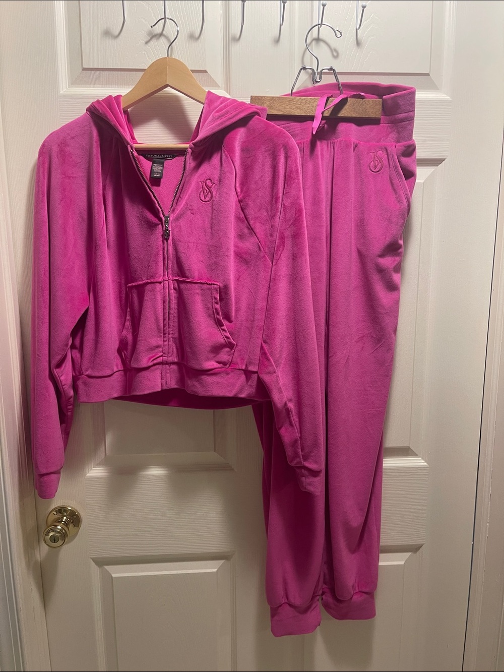Victoria's Secret Hot Pink Velour Hoodie & Jogger Set